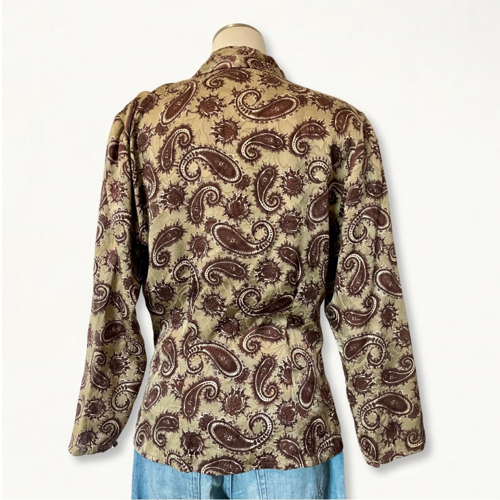 Vintage 1990s Neutral Tan + Brown Paisley Print 100% Silk V-Neck Blouse - Picture 6 of 11